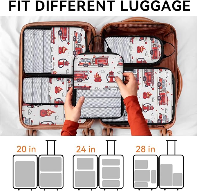 Fire Truck Compression Packing Cubes Transportation 6 Set Travel Packing Cubes for Suitcases Lightweight Expandable Organizers