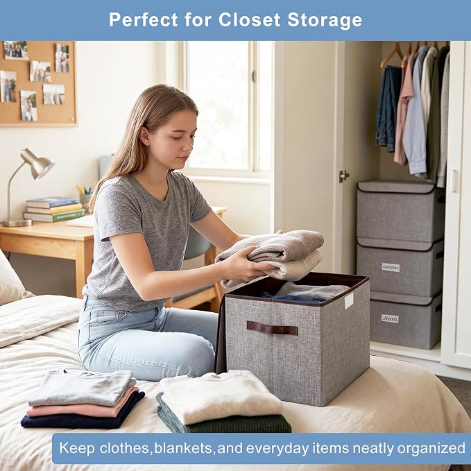 Large 22 Quart Linen Fabric Foldable Storage Bin Cube Organizer Basket with Flip-Top Lid & Handles, Clothes Blanket Box for Home, Office, Closet, Gray, 4 Pack 14.6 x 9.5 x 9.5”