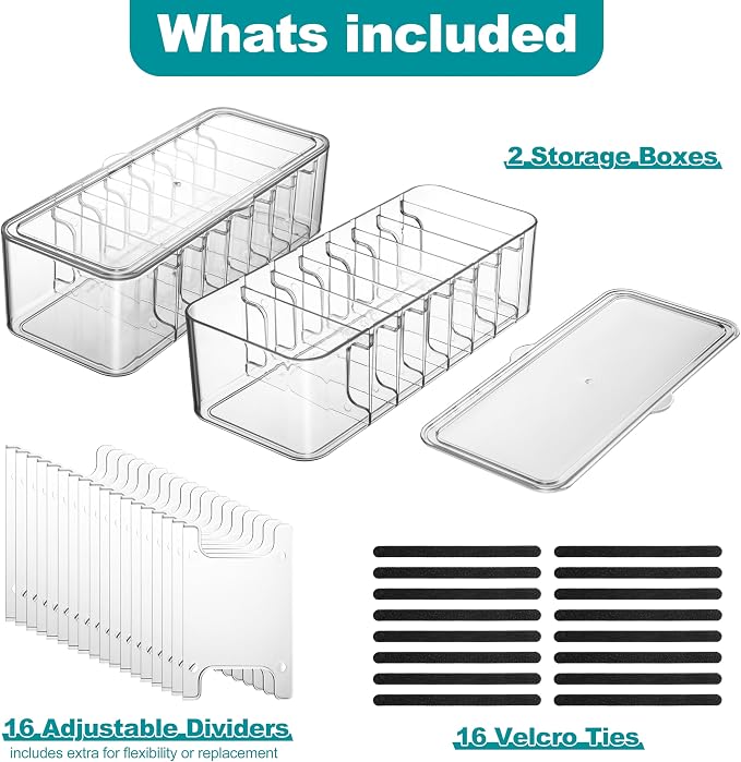 Cord Organizer Box 2 Pack – Clear Cable Organizer with Adjustable Dividers, Fits Up to 10ft Cables, Cord Storage Organizer for Chargers & Tech Accessories – Includes 16 Velcro Ties