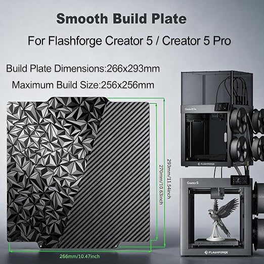 PEO PET Double-Sided Build Plate for Flashforge Creator 5/5 Pro – Dual-Texture Spring Steel Sheet with Big Diamond PEO & Carbon Fiber PET Finishes – Smooth First Layer 3D Printer Heated Bed Accessory