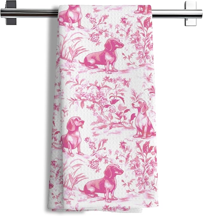 Nipi Pink Chinoiserie Dachshund Kitchen Towels, Pink Floral Botanical Dachshund Decorative Dish Tea Towels, Grandmillennial Weiner Dog Hand Towels for Kitchen Bathroom, 16x24 Inch