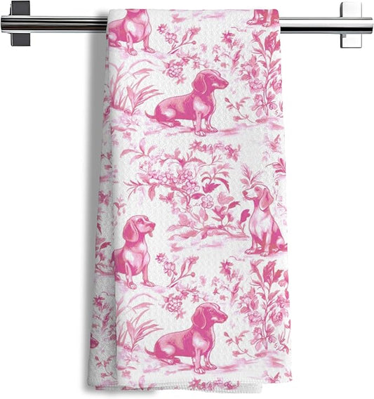 Nipi Pink Chinoiserie Dachshund Kitchen Towels, Pink Floral Botanical Dachshund Decorative Dish Tea Towels, Grandmillennial Weiner Dog Hand Towels for Kitchen Bathroom, 16x24 Inch