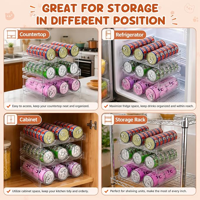 FHTONGE 3-Tier Heavy-Duty Transparent Cat Can Organizer for Multiple Sizes | Wet Cat Food Storage Rack for Pantry Kitchen Cabinet Rridge, Pet Canned Goods Dispenser Shelf Dog Tins Holder Container