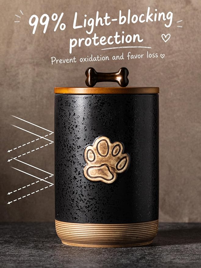 Miamolo Dog Treat Storage Container for Kitchen Counter, Lock in Freshness | Ceramic Jar with Airtight Seal Lid, Puppy Treats Food Canister | Farmhouse Decor, Doggie Cookie Jar Gift, Paw Glinting Black