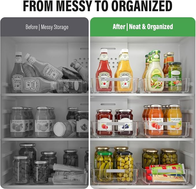 Pull Out Fridge Organizer Bins with Wheels, 8 Dividers, 2-Pack | Clear PET storage bins with handles, rear wheels and adjustable dividers for refrigerator, pantry and cabinet shelves