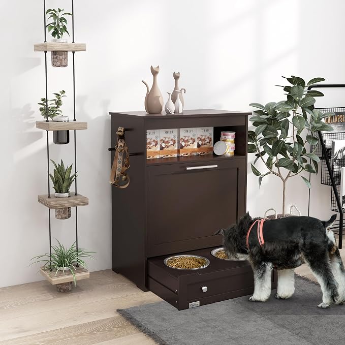 Brilluxa Pet Feeder Station, Dog Food Storage Cabinet and Raised Bowl Stand with Dog Food Container and Watering Supplies Organizer for Kitchen, Pantry, and Feeding Area, Gray