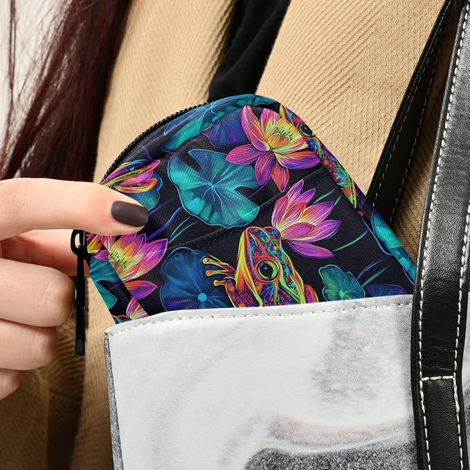 Fustylead Neon Frog and Lily Pads on Black Background Travel Pill Organizer Bag with Zipper Small Pill Box 7 Day Pill Case for Purse Storage Weekly Vitamin Medicine Supplement