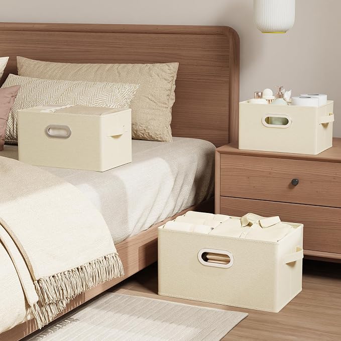 Collapsible Open Storage Baskets,15x9.8x9.8in,Beige,4 Pack | Storage Bins with Metal Handles,Rigid PP Panel Organizer Boxes for Organizing Home,Wipeable Garment Basket Cube for Wardrobe