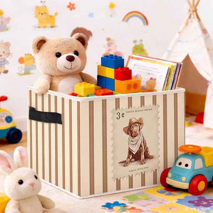 Western Cowboy Dog Stripe Foldable Fabric Storage Bin for Kids Room | Cute cowboy puppy stripe design; collapsible fabric bin for toys, books, clothes in kids room, nursery or playroom.