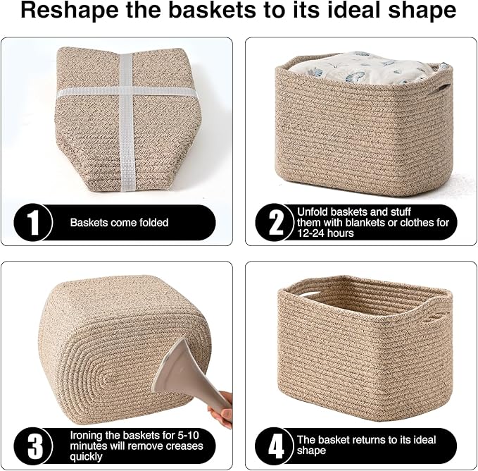 ICERZCZ Small Storage Baskets for Shelves Organizing, Woven Cotton Rope Baskets for Storage, Book Basket, Decorative Shelf Basket, 12.5"Lx9.1''Wx7.9''H (4 Packs) Mixed Brown