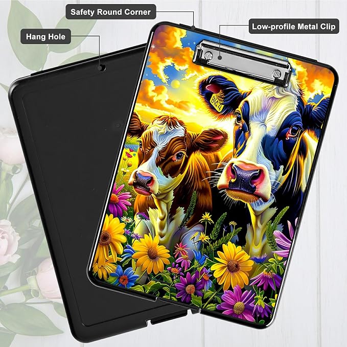 Purple Flower Cow A4 Clipboard with Storage Pen Holder, Clipboards Organizer Nursing Clipboard Foldable File Folder Plastic Clipboard Folio Clip Board for Office Students Classroom Doctor