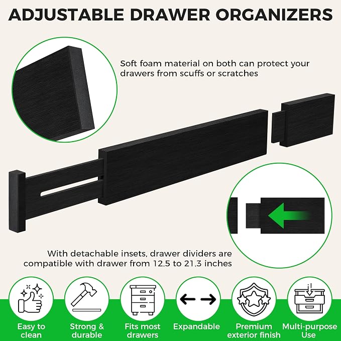 4 Pack Bamboo Drawer Dividers Organizer with Inserts 2.6'' High | Expandable from 12.5-21.7", Adjustable Drawer Organizer Separators for Utensils, Clothing, Office, Dresser, Bedroom, (Black)