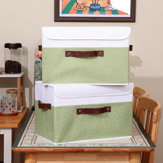 ANMINY Fabric Storage Box Bins with Lids, Green White, 15"x10"x10", 4 Pack | Keepsake Memory Storage, Cotton Linen, PP Board Reinforced, Washable, PU Handles, Foldable & Stackable, Decorative, Large