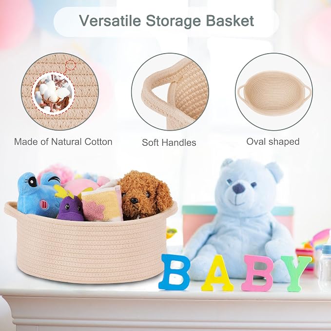 COMSE Small Woven Basket with Gift Bags and Ribbons, Gift Basket Empty, Cotton Rope Storage Organizer, Baby Toy Box with Handles, 12" x 8" x 5", Beige
