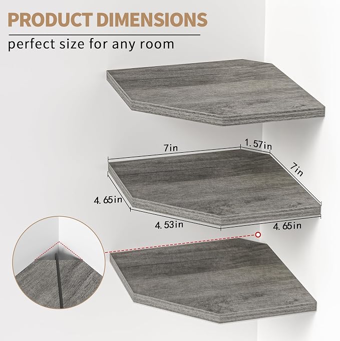 Fun Memories Corner Shelf Wall Mount, Floating Corner Shelves, Set of 3 Corner Wall Shelf Organizer, Rustic Wood Wall Storage Display Shelves for Living Room Bedroom Bathroom Kitchen, Rustic Grey