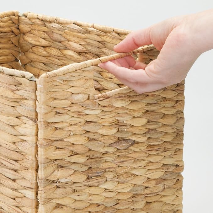 mDesign Natural Woven Hyacinth Cube Organizer Basket with Handles, Storage for Bathroom, Laundry Room Shelf or Nursery - Perfect for Cubby Storage Units - Hold Blankets and Books - 4 Pack, Natural/Tan