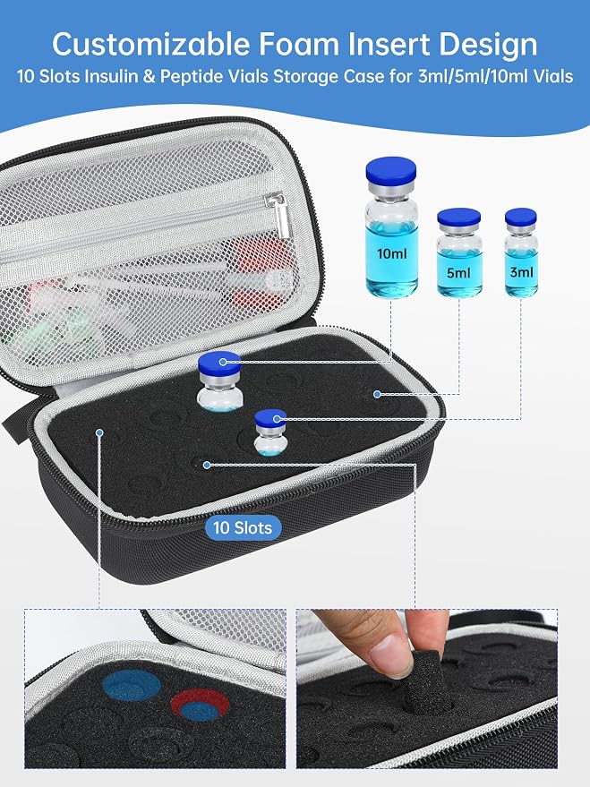 Peptide Case for Fridge & Insulin Travel Case, Adjustable 10-Slot Diabetes Care Supply Holder for 3ml/5ml/10ml Vials, Peptide Vials Storage Kit for Syringes, Alcohol Pads & Diabetic Essentials