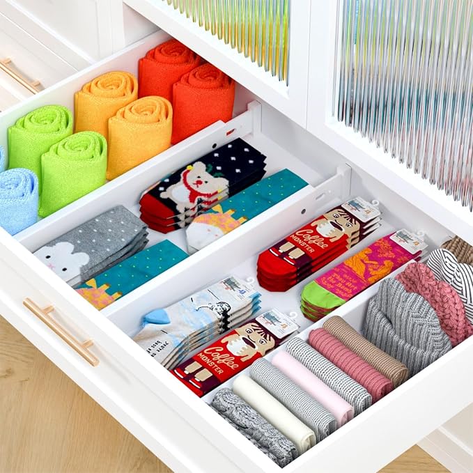 Bamboo Kitchen Drawer Divider 4 Pack,17-22" Adjustable Utensil Drawer Organizer for Dresser Bathroom Bedroom,White