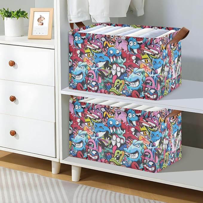 Abstract Grunge Graffiti Monster Baby Storage Basket with Labels&Handles Rectangular Waterproof Nursery Storage Bins Collapsible Shelf Organizer Baskets for Kids Books Cloth Gift Toys Laundry, 2 Pack