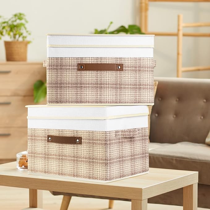 TYEERS Collapsible Storage Bins with Lids, Patchwork Design, Washable, Fabric Storage Boxes, 14.9x9.8x9.8 inches, 3 Pack, Camel Tan
