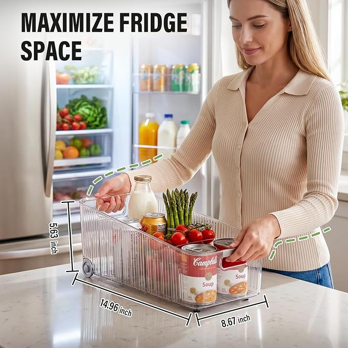 Pull Out Fridge Organizer Bins with Wheels, 8 Dividers, 2-Pack | Clear PET storage bins with handles, rear wheels and adjustable dividers for refrigerator, pantry and cabinet shelves