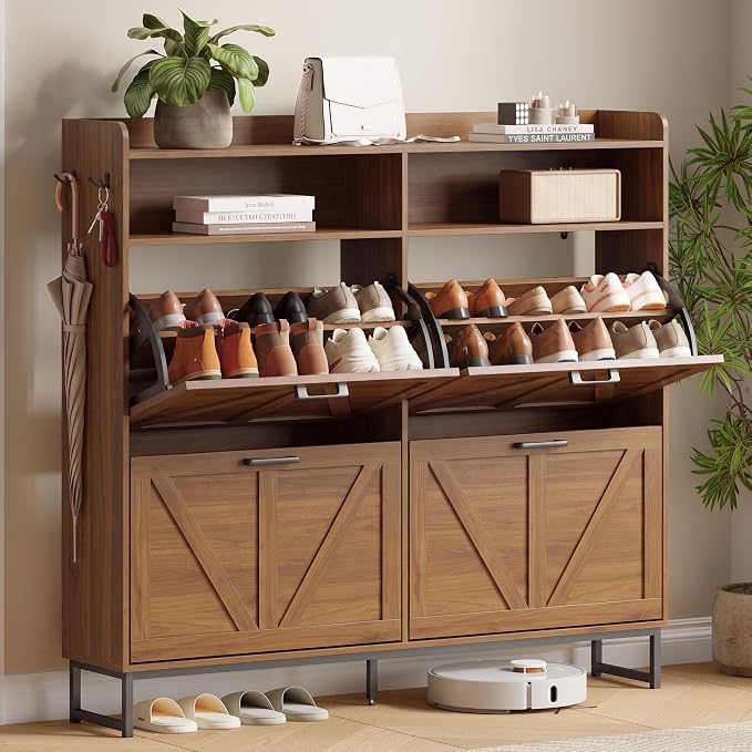 Xixini Shoe Storage Cabinet with 4 Flip Drawers, Entryway Shoe Rack, Walnut | Freestanding Narrow Shoe Storage, Hidden Slim Wood Shoe Organizer, Modern Farmhouse, Open Storage & Hooks for Closet, Hallway