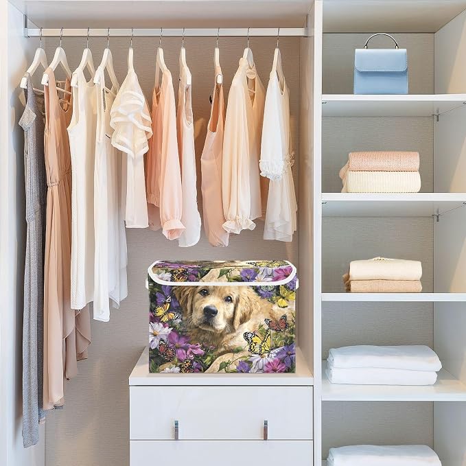 Storage Bins with Lid Dog Butterfly Pet Foldable Storage Boxes 40L Baskets | Decorative Storage Boxes, Dust-Proof Flip Top, Reinforced Handles, For Home & Bedroom, Clothes & Toy Box, Oxford Fabric Print