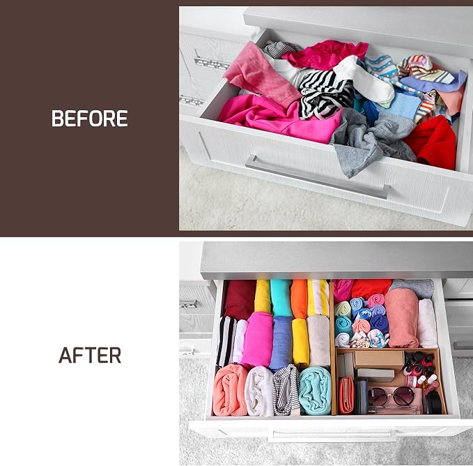 6-Pack Drawer Dividers 6-Inch High Dresser Drawer Organizer 11.5 to 17 Inch | Bamboo, Spring Loaded, No Tools Needed, for Clothes, Utensils, Socks and Deep Drawers in Bedroom, Bathroom, Kitchen, Office