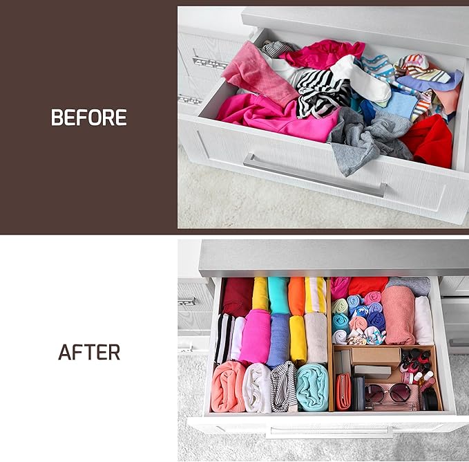 6-Pack Deep Drawer Dividers 4-Inch High Dresser Drawer Organizer, Bamboo | Adjustable 11.5-17 Inch Spring-Loaded Separators for Clothes, Utensils, Socks, Bedroom, Bathroom, Kitchen, Office, No Tools
