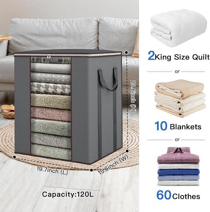 Comforter Storage Bags 120L for Blanket Clothes Bedding Sheet 2 Pack Grey | Breathable Fabric, Reinforced Handles, for King Comforters Bedding Pillows and Sheets, Closet and Bedroom Storage