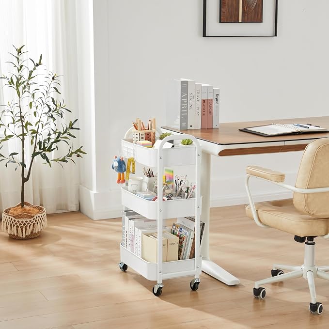 3-Tier Rolling Utility Cart with Caster Wheels,Easy Assembly, White | Easy Assembly, multi-purpose storage trolley for kitchen, rolling cart with smooth caster wheels for bathroom