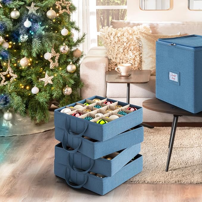 Hearth & Harbor Christmas Ornament Storage Box With 4 Inner Tray Dividers - Non-Woven Ornament Storage Container For 64 Holiday Ornaments or Decorations