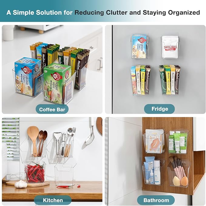 Clear Cabinet Door Organizer Bathroom, 4 Pack Hanging Makeup Storage Brush Holder, Adhesive Storage Bin Versatile Vertical Wall Mount Caddy for Pantry Office Kids' Room Small Items Organization