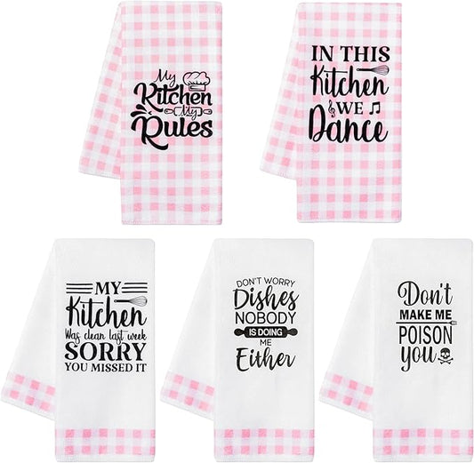 R HORSE Cute Pink Kitchen Towel Set 5Pcs Pink Check Kitchen Dishcloth Absorbent Funny Cleaning Dishcloth Bar Hand Towel Kitchen Holiday Decorations Gift for Hostess Mom Women Housewarming
