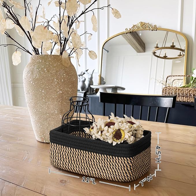 Goodpick 3Pack Wicker Storage Baskets for Closet, 11 x 7 x 4.5 | Woven Baskets for Shelves Fit Bedroom Lving Room, Small Baskets for Gift Empty, Dog Toy Basket for Pets, Black & Jute