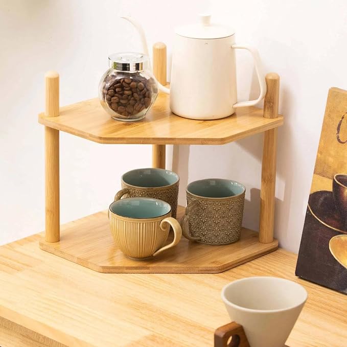 2-Tier Bamboo Corner Shelf,Kitchen Countertop Organizer,Corner Countertop Organizer Shelf, Coffee Bar Organizer,Coffee Bar Accessories,for Kitchen, Pantry, Organizers and Storage