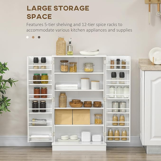 HOMCOM 41" Kitchen Pantry Storage Cabinet 12 Door Shelves White | Freestanding Kitchen Cabinet, 2 Doors, 5-Tier Shelving, Adjustable Shelves
