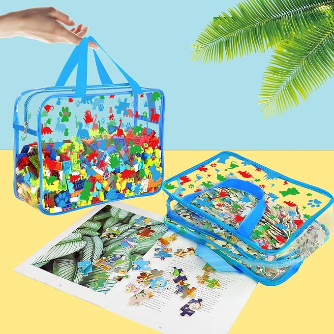 6 Packs Large Toy Storage Bags with Labels, Reusable Clear PVC Storage Bag, Travel Waterproof Organizer Bags (Blue-cute pattern)