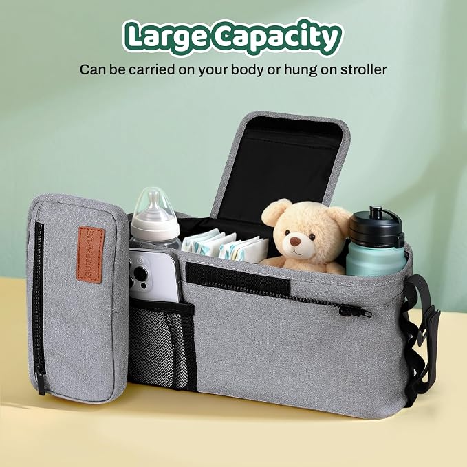 Universal Stroller Caddy with Cup Holder, Stroller Organizer Bag for Travel | Walker Stroller Diaper Bag with Detachable Phone Bag, New Moms Baby Shower Gifts, Accessories Fits for Uppababy, Baby Jogger