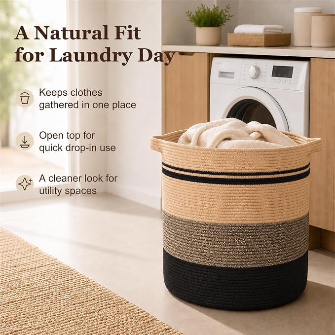 OIAHOMY 80L Laundry Baskets-Laundry Hamper,Storage Basket with Handles,Decorative Basket for Living room,Woven Storage Basket for Toys Bin,Pillows, Blankets,Clothes-20x18in-Yellow Black | Tall Dirty Clothes Hamper with Handle,Blanket Basket,Decorative ...