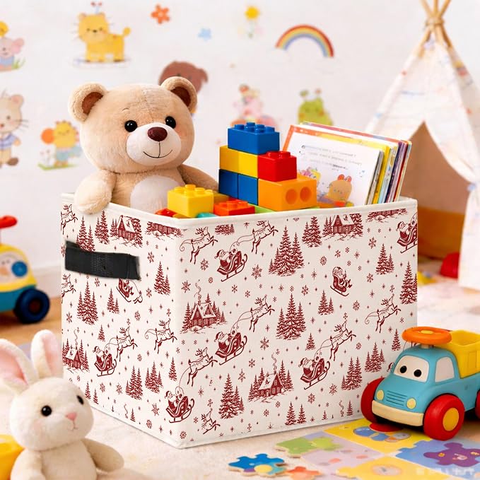 Santa Sleigh Storage Bin, Christmas Fabric Organizer | Red Santa sleigh storage bin with reindeer, trees, houses, and snowflakes for holiday toys, books, clothes, and closets.