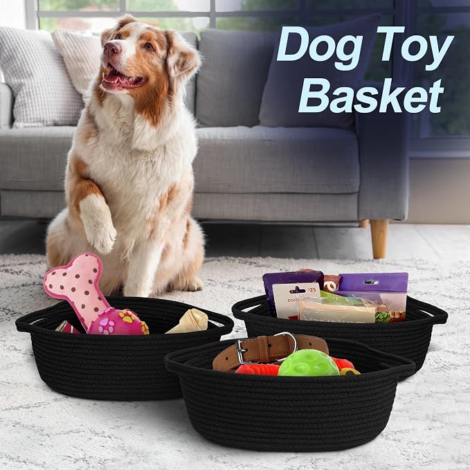 Black Woven Basket, 13” x 9” x 5” Cute Dog Toy Basket, Soft Cotton Rope Storage Box, Cat Toy Bin, Baskets for Gifts Empty, Small Baskets for Organizing, Decorative Basket