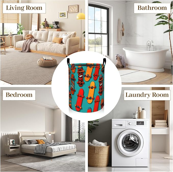 Colorful Skateboard Laundry Basket, Cool Cartoon Foldable Oxford Cloth, Waterproof Dirty Clothes Hamper with Handles, Clothing Storage Bin Toy Organizer for Bedroom Dorm Bathroom, 19.7"x15.7"