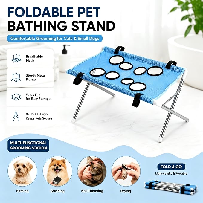 Foldable Pet Bathing Stand Holder Grooming Shower 8-Hole Wash Hammock,Washing Bed for Small Dogs and Cats Washing Picking Ears Nail Clipping,Stainless Steel Grooming Table with Stand，Ordinary-Black