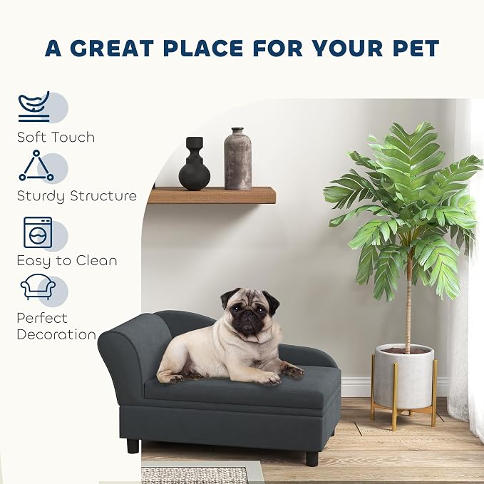 PawHut Luxury Fancy Dog Couch with Hidden Storage, Small Dog Sofa Bed with 2" Soft Foam, Modern Pet Furniture for Puppies & Little Breeds, Dark Gray | Small Dog Sofa Bed with 2" Soft Foam, Modern Pet Furniture for Little Breeds