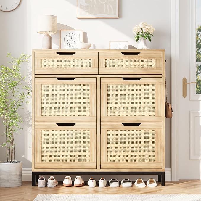 Jocoevol Rattan Shoe Cabinet for Entryway, Boho Shoe Storage Cabinet with 4 Flip Drawers and 2 Drawers, Narrow Freestanding Shoe Rack with Metal Legs for Entryway/Hallway/Foyer (Natural)