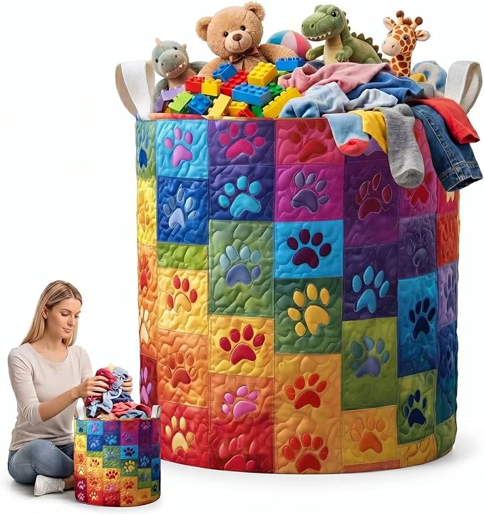 Colorful Dog Paw Laundry Basket Rainbow Quilted Clothes Hamper Large Canvas Toy Storage Bin Vibrant Pet Theme Organizer Basket(14"x 18")