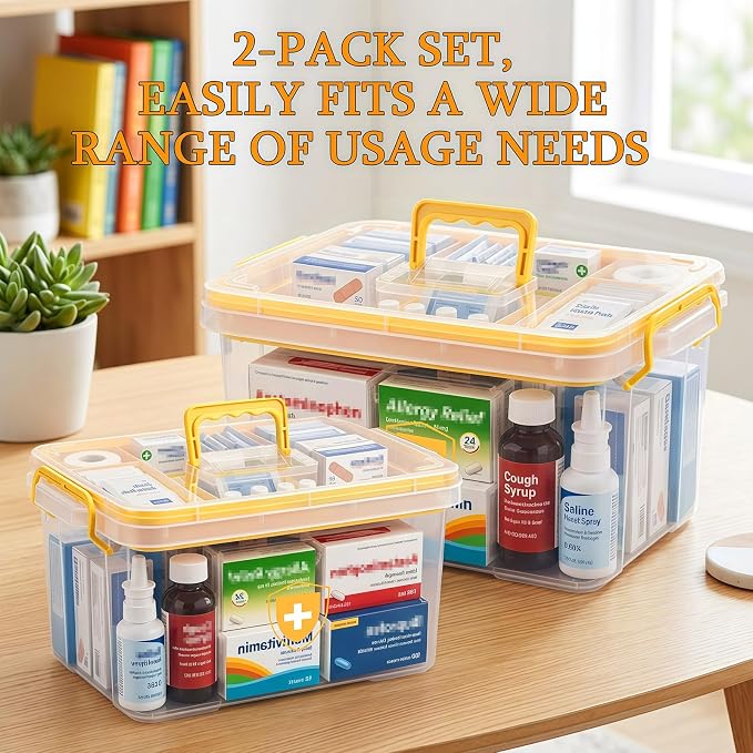 2 Pack Clear Medicine Organizer Box with Handle, Plastic Medicine Container with Tray First Aid Box Empty, Thickened Medicine Storage Organizer Multipurpose Medication Organizer Storage, Yellow