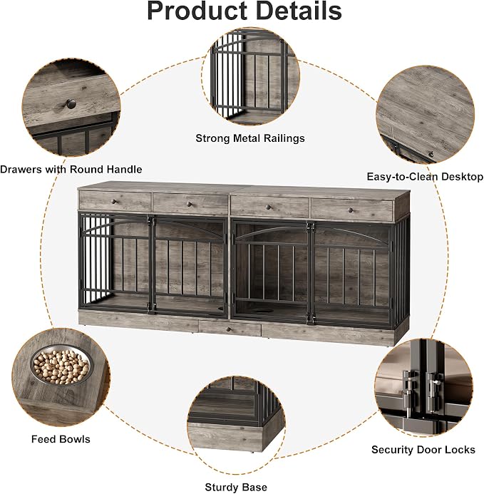 IDEALHOUSE 78.7" Double Dog Crate Furniture with Storage and 4 Doors, Grey | Dog Kennel Indoor with Feeding Bowls, Wood Dog Crate TV Stand for Small Medium Dogs