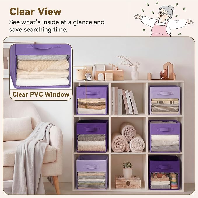 GRANNY SAYS 11 Inch Storage Cube Organizer Bins, Purple Gradient, 6-Pack | Clear Window Front, Reinforced Handles, Collapsible, Suitable for Shelves, Closets, Organizing Toys, Clothes, Blankets